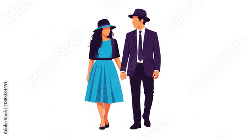 Couple Holding Hands Wearing Hats and Formal Attire.