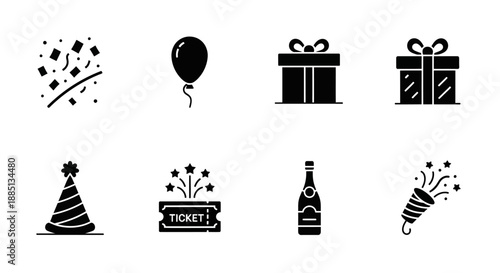 Eight celebratory icons including confetti, balloon, gift boxes, party hat, ticket, beverage, and party popper