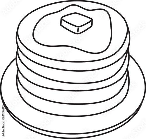 stack of pancakes with butter and syrup for sweet breakfast cafe in handdrawn style.