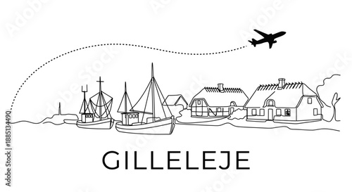 Gilleleje Denmark coastal village with fishing boats and plane vector illustration