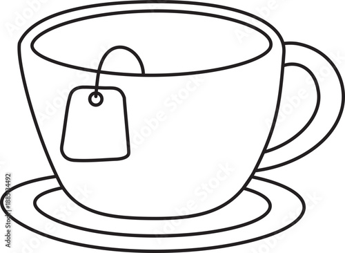 cup of hot tea with teabag for relaxing breakfast cafe time.