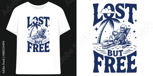 lost but free tropical skeleton relaxing beach palm tree desert island vacation vibes t shirt design vector illustration artwork
