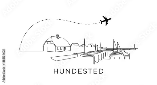 Hundested harbor and airplane travel minimalist vector illustration