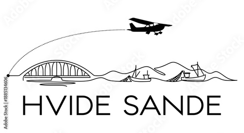 Hvide Sande coastal landscape with bridge and airplane vector illustration