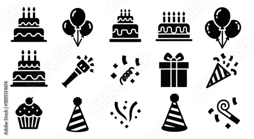 Collection of black celebratory icons including cakes, balloons, party hats, and confetti