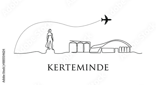 Kerteminde Denmark skyline with airplane continuous line art vector