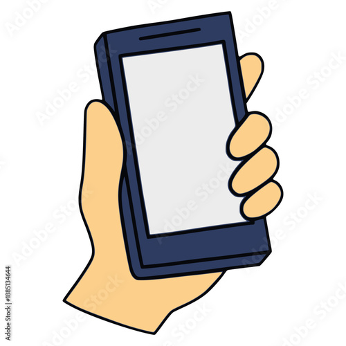 left hand holding smartphone flat color vector illustration template design