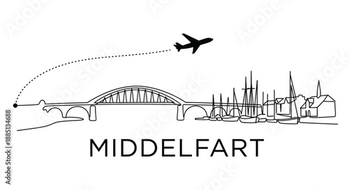 Middelfart Denmark skyline with bridge and airplane vector illustration