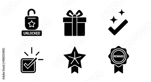 Collection of black icons on white background representing achievements and rewards with badges, gifts, and checkmarks