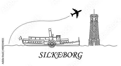 Silkeborg Denmark landmarks with paddle steamer and tower vector illustration
