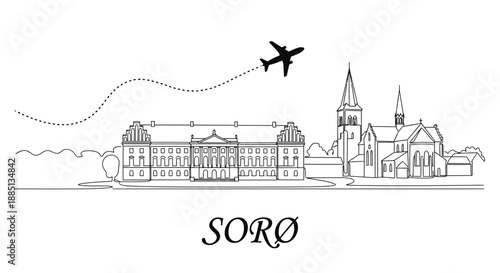 Sorø Denmark city skyline with airplane travel vector illustration