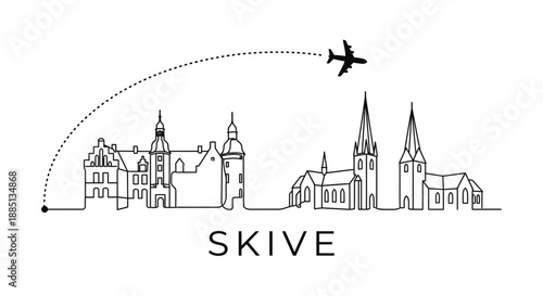 Skive Denmark city skyline and airplane travel vector illustration