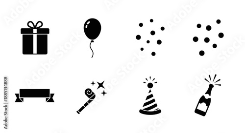 Collection of black party icons including gift box, balloon, confetti, banner, wand, hat, and bottle