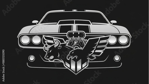 Vintage Muscle Car Emblem with Bull and Eagle.