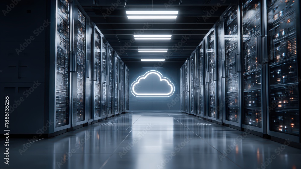 Naklejka premium Futuristic Data Center with Cloud Symbol Illuminated in the Background, Showcasing Servers and Modern Technology in a High-Tech Environment