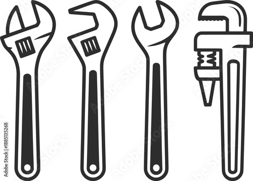 Adjustable Wrench Tools Line Art Icon Set.