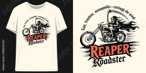 reaper roadster fast fearless unstoppable cutting the wind grim reaper on motorcycle t shirt design vector illustration artwork

