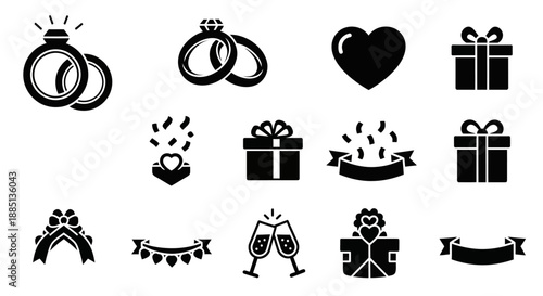 Collection of black celebration and love icons including rings, gifts, hearts, and cheers
