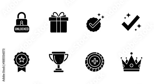 Set of black silhouette icons including a lock, gift box, check mark with stars, medal, trophy, medical badge, crown, and additional medal