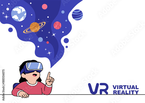 Kid Wearing VR Headset Pointing at Space for Virtual Reality Education, Future Learning Concept, Metaverse and STEM Education, Digital Classroom and Science Learning Illustration