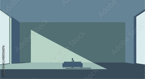 Minimalist illustration depicting a solitary figure working at a desk, bathed in a dramatic triangular beam of light within a spacious, empty room.