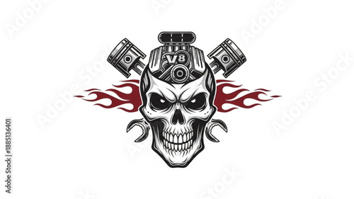 Skull Engine Flames Wrench Motorcycle Emblem.