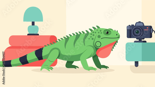 A green iguana stands near a camera and a lamp on a table
