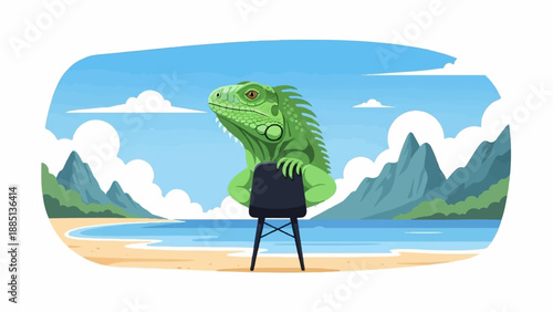A green iguana sits on a chair on a beach with mountains in the background