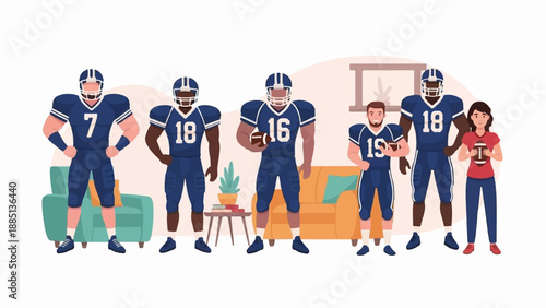 A group of American football players and fans are gathered indoors, ready for a game