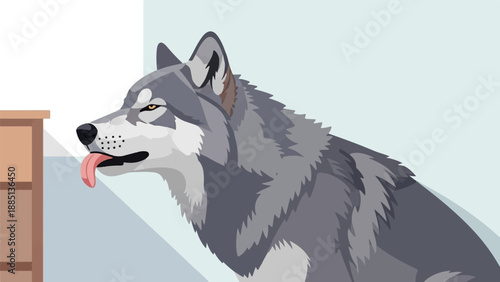 A grey wolf with its tongue out sits indoors next to a wooden table