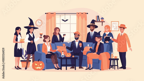 A group of friends in costumes gathers for a Halloween party at home