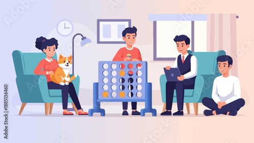 A group of friends enjoys a game of connect four in a cozy living room setting