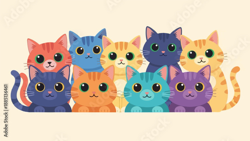 A group of colorful, cartoon-style cats with big eyes are peeking over