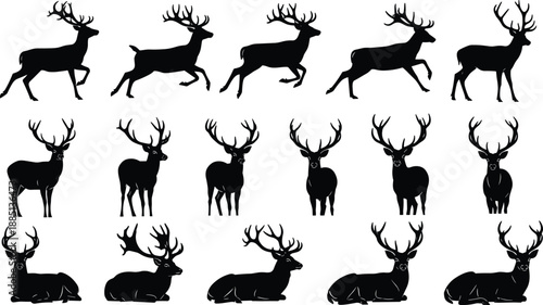 WebBlack Deer Silhouette Vector Set Featuring Bucks Running Standing and Sitting Icons for Wildlife Nature Design Hunting Season Graphics and Forest Animal Illustration (25 words)