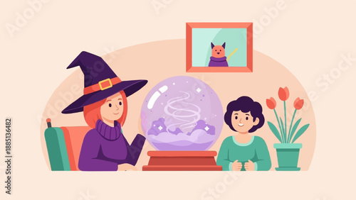 A fortune teller with a crystal ball and a visitor