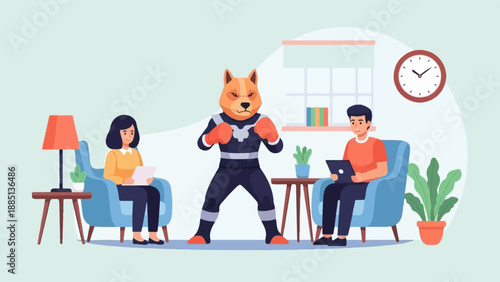 A fox in boxing gear stands between two people sitting in armchairs