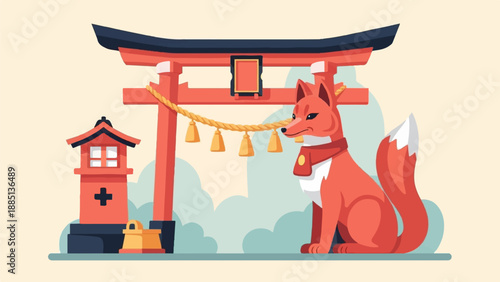 A fox sits by a Japanese shrine with torii gate and lantern