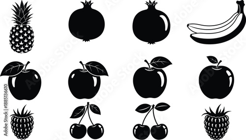 Black silhouette fruit icon set with apple banana pineapple cherry and berries isolated on white background for healthy food organic diet and vegan nutrition