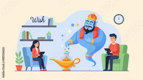 A genie grants wishes to two people sitting in armchairs holding tablets