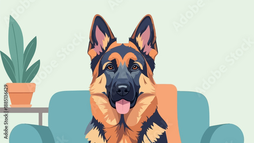 A German Shepherd dog rests comfortably on a teal sofa with a peach blanket