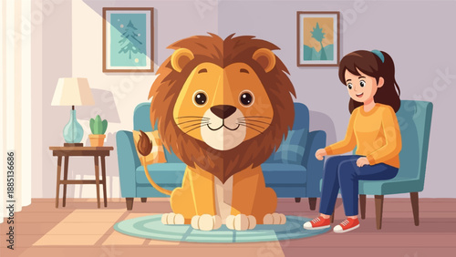 A girl and a cartoon lion sit in a cozy living room