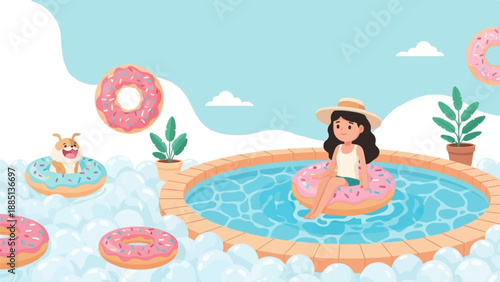 A girl and a dog relax in a pool surrounded by donuts and bubbles