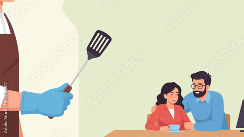 A gloved hand holds a spatula, while a couple shares coffee at a desk