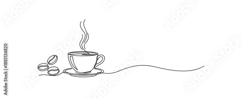 A fluid continuous line art illustration depicts a steaming cup of coffee resting on a saucer beside three whole beans, where the single black stroke extends rightward into a minimalist horizon wave