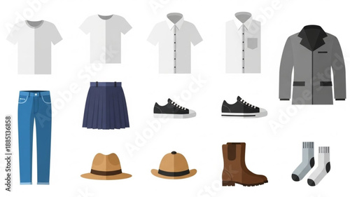 Collection of casual clothing and accessories for men and women.