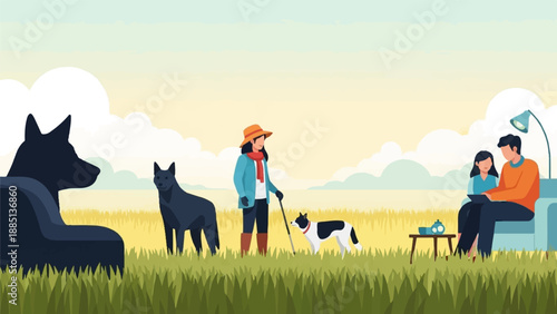 A family enjoys a peaceful outdoor scene with their dogs in a grassy field