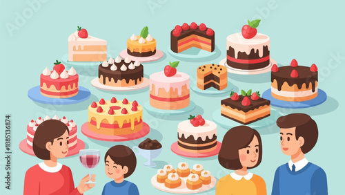 A family enjoys a selection of delicious cakes and desserts