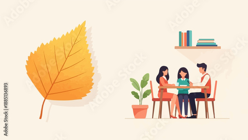 A family gathers around a table with a large autumn leaf nearby