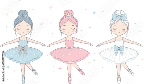 Cute ballerina girls vector illustration set with little dancers in blue and pink tutus