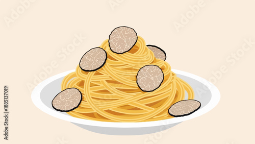 A dish of spaghetti with thin slices of truffles on a white plate